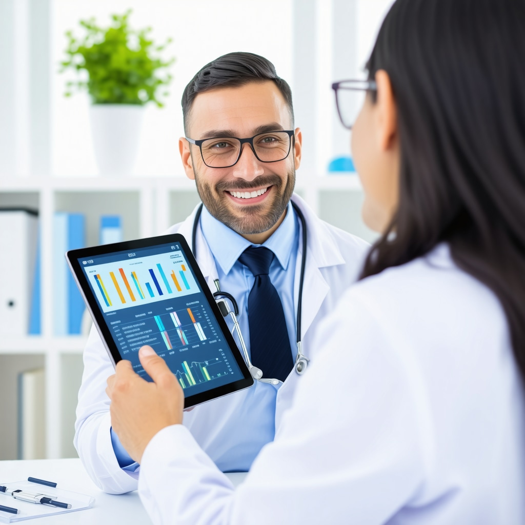 Doctor analyzing genetic biomarkers on tablet with patient for personalized Semaglutide therapy
