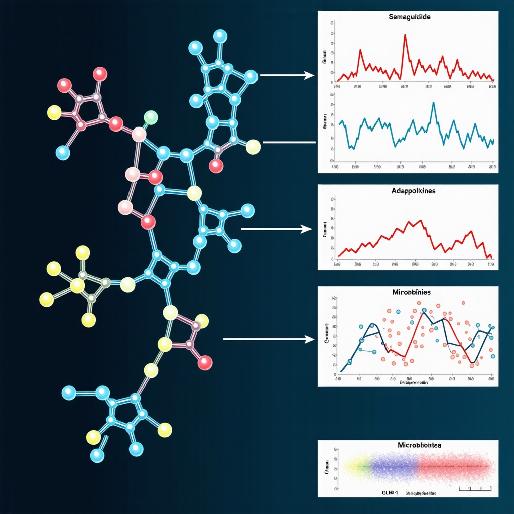 Illustration of Semaglutide molecular interaction with GLP-1 receptor and biomarker data visualization for optimized weight loss