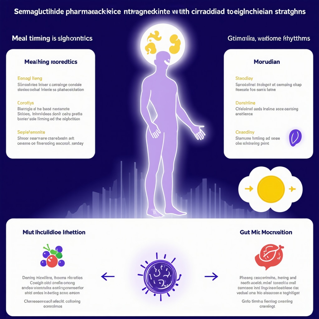 Infographic showing how semaglutide interacts with meal timing and gut microbiota for optimized weight loss