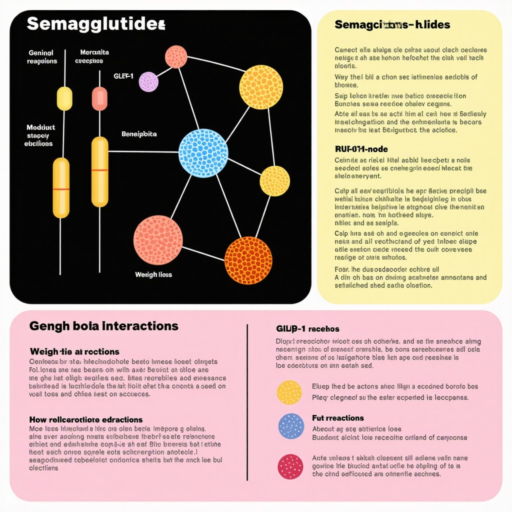 Infographic showing semaglutide's pharmacogenomics, receptor interaction, and gut microbiota effects to optimize weight loss