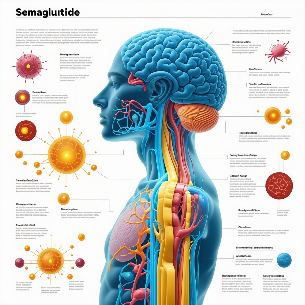 Infographic showing semaglutide's effects on brain appetite regulation and energy expenditure