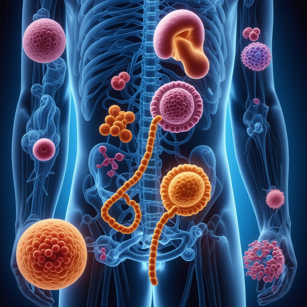Medical illustration of Semaglutide interacting with GLP-1 receptors and gut microbiota modulation with genetic factors
