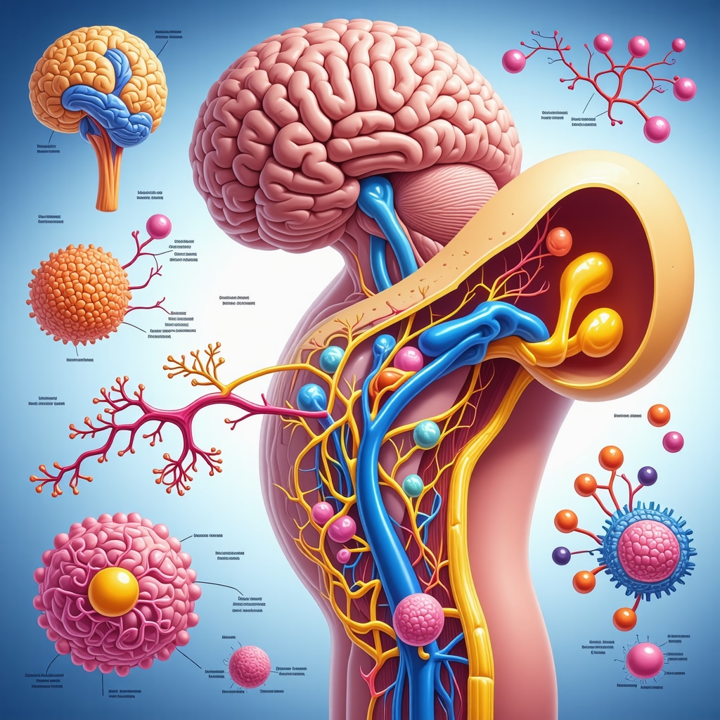 Scientific diagram showing semaglutide’s action on brain, fat cells, mitochondria, and insulin regulation