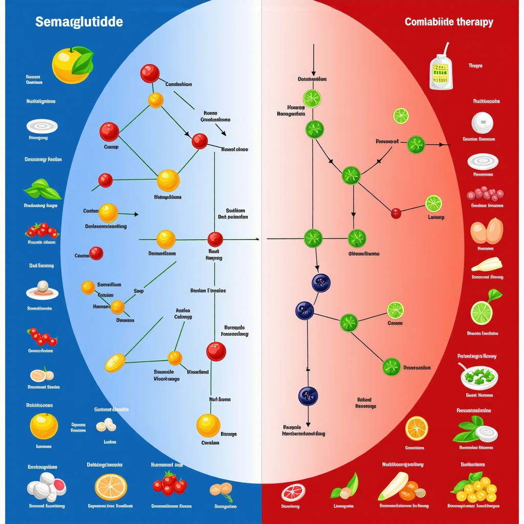 Detailed infographic showing semaglutide's mechanism, dual agonist therapy effects, and personalized nutrigenomic diet connections