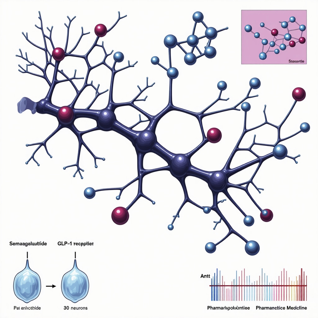 Detailed medical illustration of semaglutide binding to GLP-1 receptors highlighting pharmacokinetics and genetic biomarkers