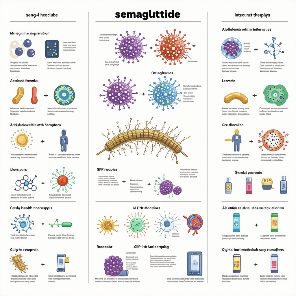 Infographic depicting semaglutide’s receptor binding, adjunct pharmacotherapies, and digital monitoring in obesity management