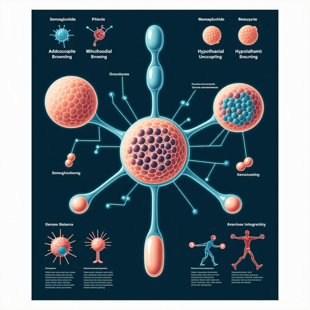 Infographic showing Semaglutide's effects on adipocyte browning, mitochondrial energy use, and hypothalamic appetite regulation with exercise synergy icons