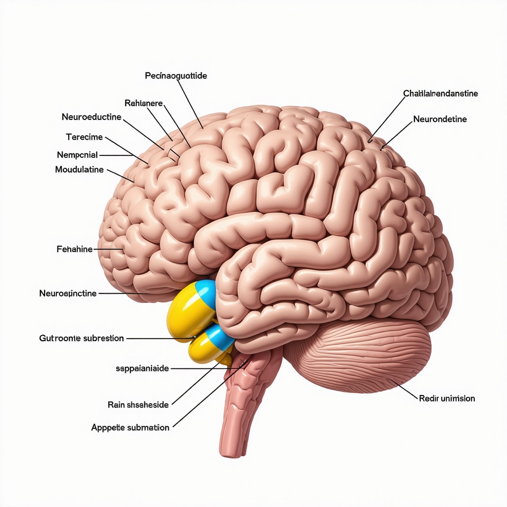 Medical diagram illustrating semaglutide's effects on brain reward circuits and gut hormone modulation for weight loss