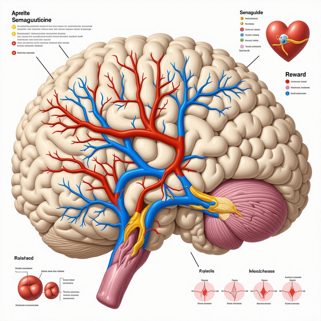 Infographic showing semaglutide's mechanisms on brain pathways and cardiometabolic outcomes