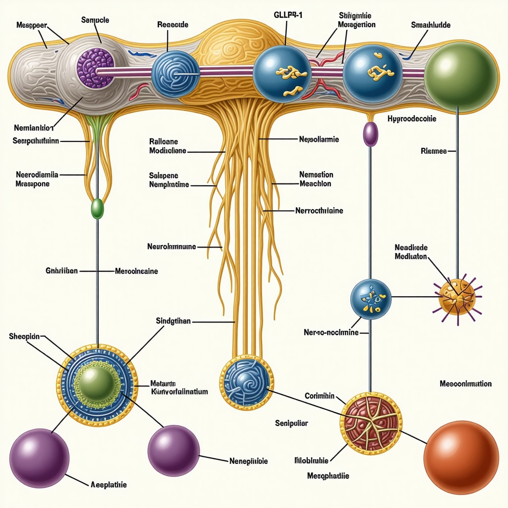 Scientific diagram of semaglutide engaging GLP-1 receptors and neuroendocrine pathways with genetic biomarker influences