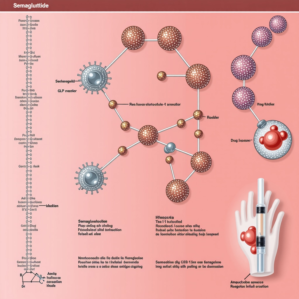 Infographic illustrating semaglutide interaction with GLP-1 receptor, genetic factors, and injection site rotation techniques
