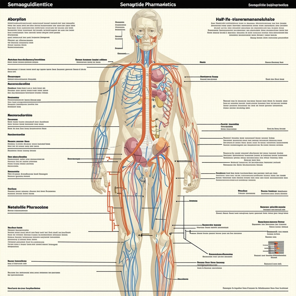 Infographic illustrating semaglutide absorption, half-life, and impact on appetite regulation and metabolism