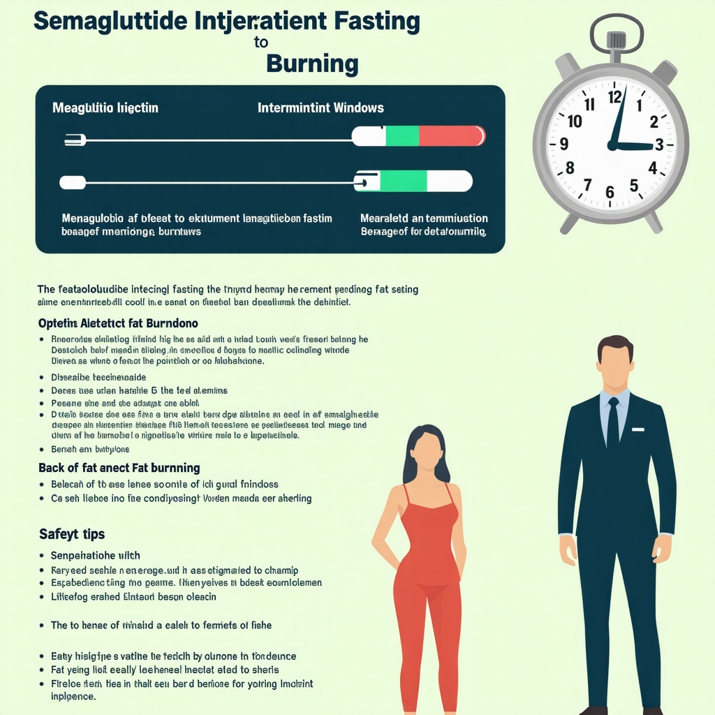 Infographic showing semaglutide injection timing and intermittent fasting schedules for optimal fat burning and safety