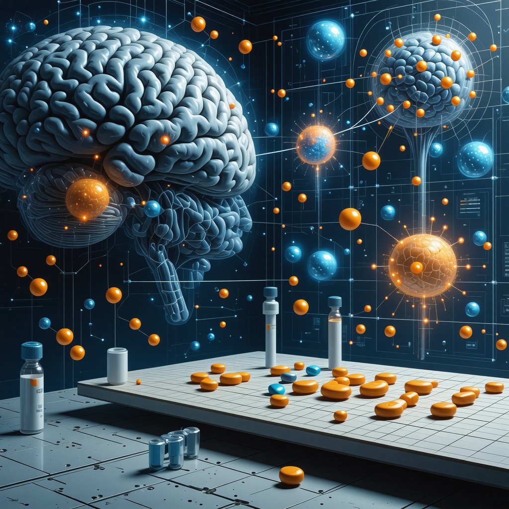 Illustration of semaglutide molecules binding to brain receptors with neuroendocrine pathways and personalized dosing concepts