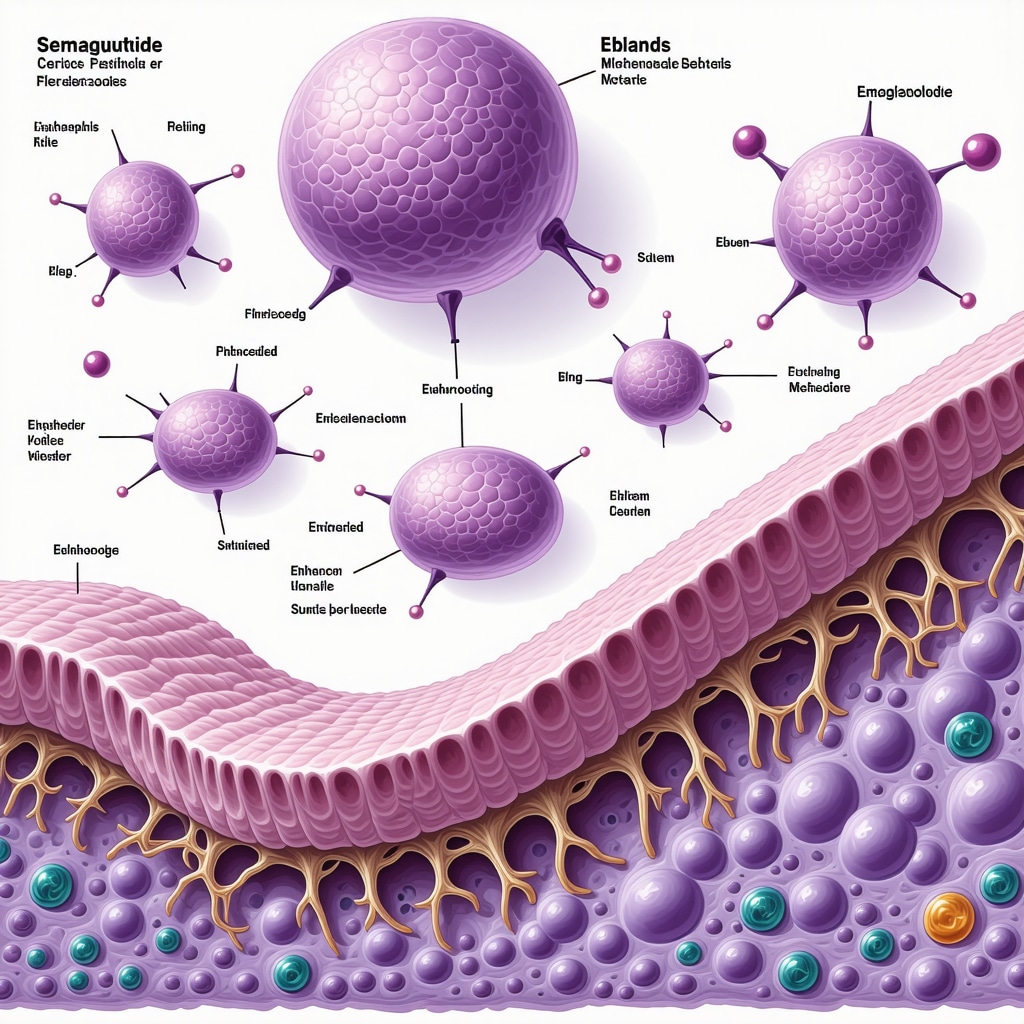 Scientific diagram illustrating semaglutide's effects on mitochondria and adipocyte browning processes