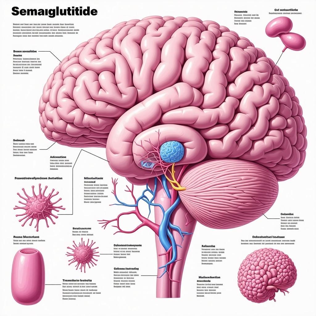 Illustration of semaglutide affecting brain reward circuits, brown fat activation, and gut microbiota for advanced obesity treatment