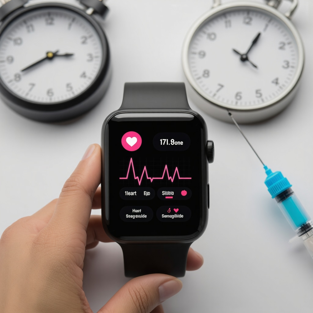 Wearable device showing health metrics alongside Semaglutide injection and timing icon