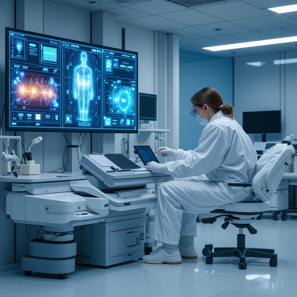 Futuristic clinical visualization of AI analyzing genetic and clinical data for semaglutide dosing optimization