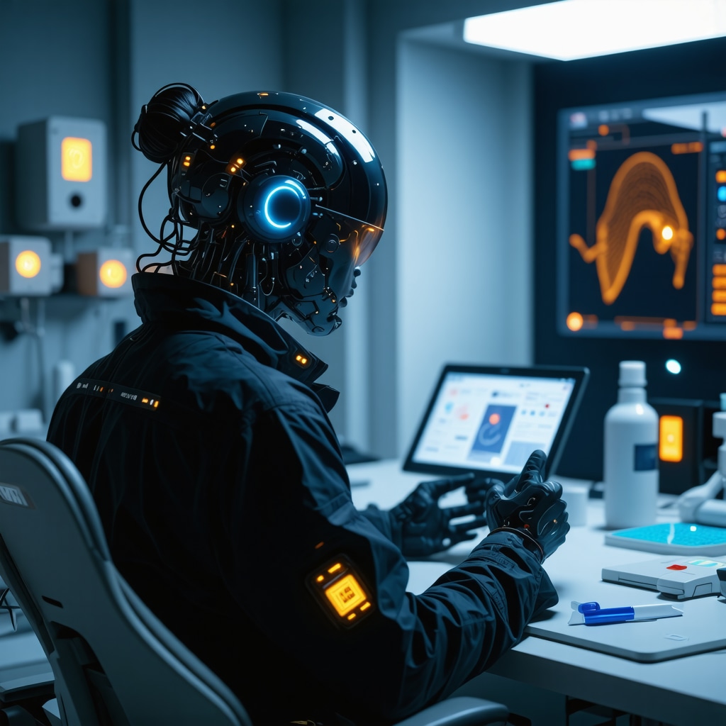 Futuristic healthcare setting with AI and biometric devices monitoring a patient for personalized Semaglutide dosing.