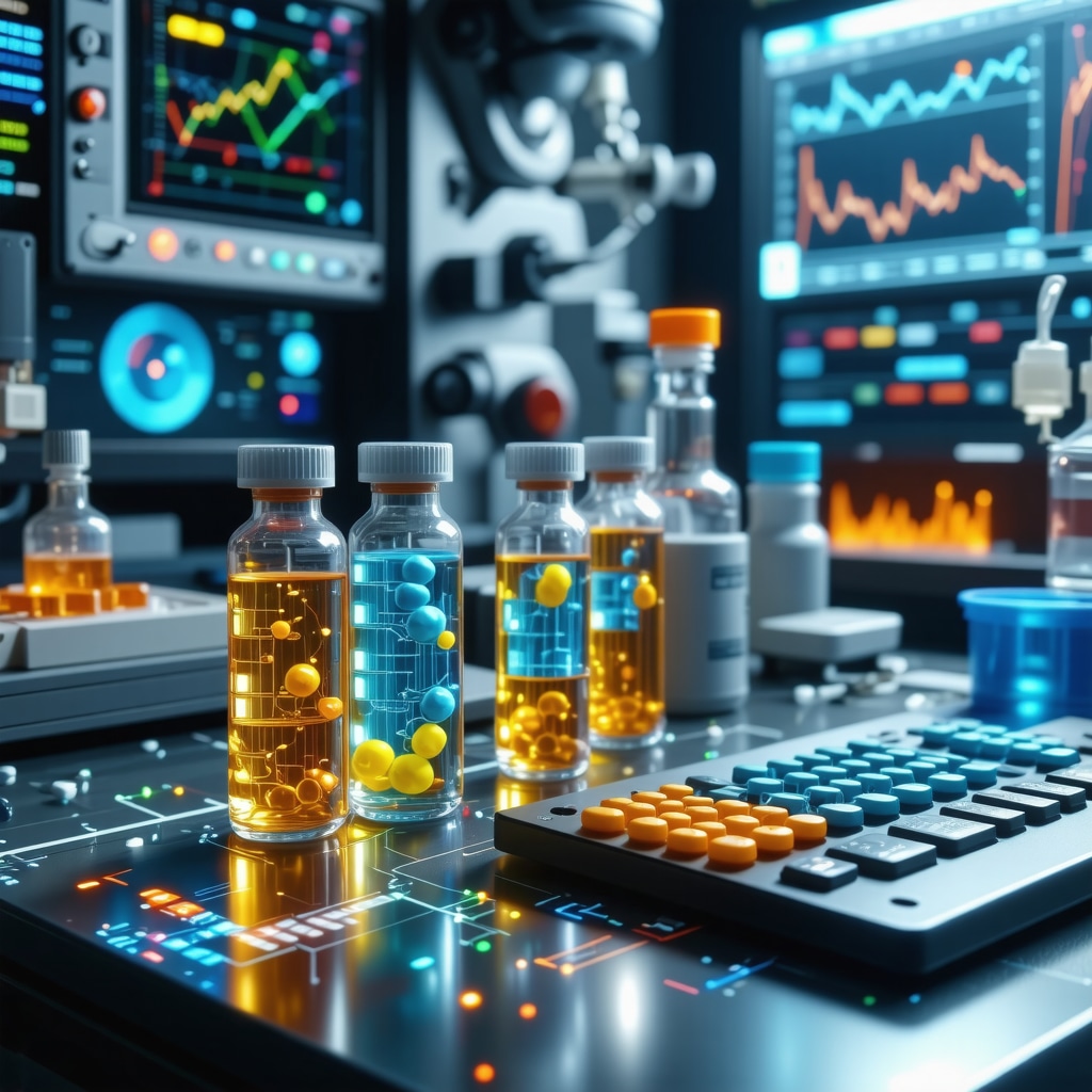 Futuristic medical laboratory with AI data analysis tools, Semaglutide vials, and wearable health devices for tailored weight management.