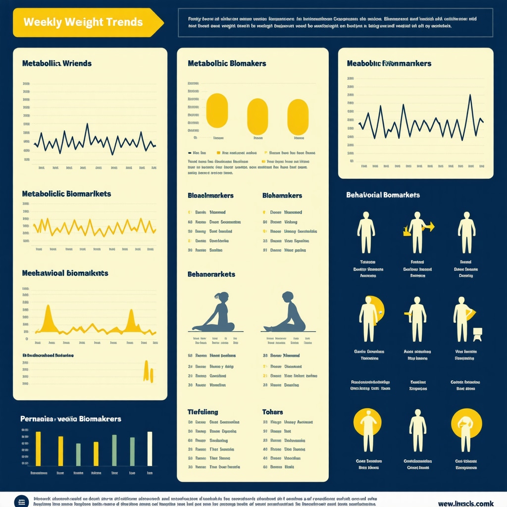 Infographic illustrating weekly weight, biomarker, and behavioral trends for personalized obesity management
