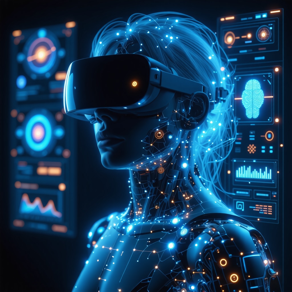 Futuristic digital interface depicting AI, VR, and biometric sensors supporting weight management