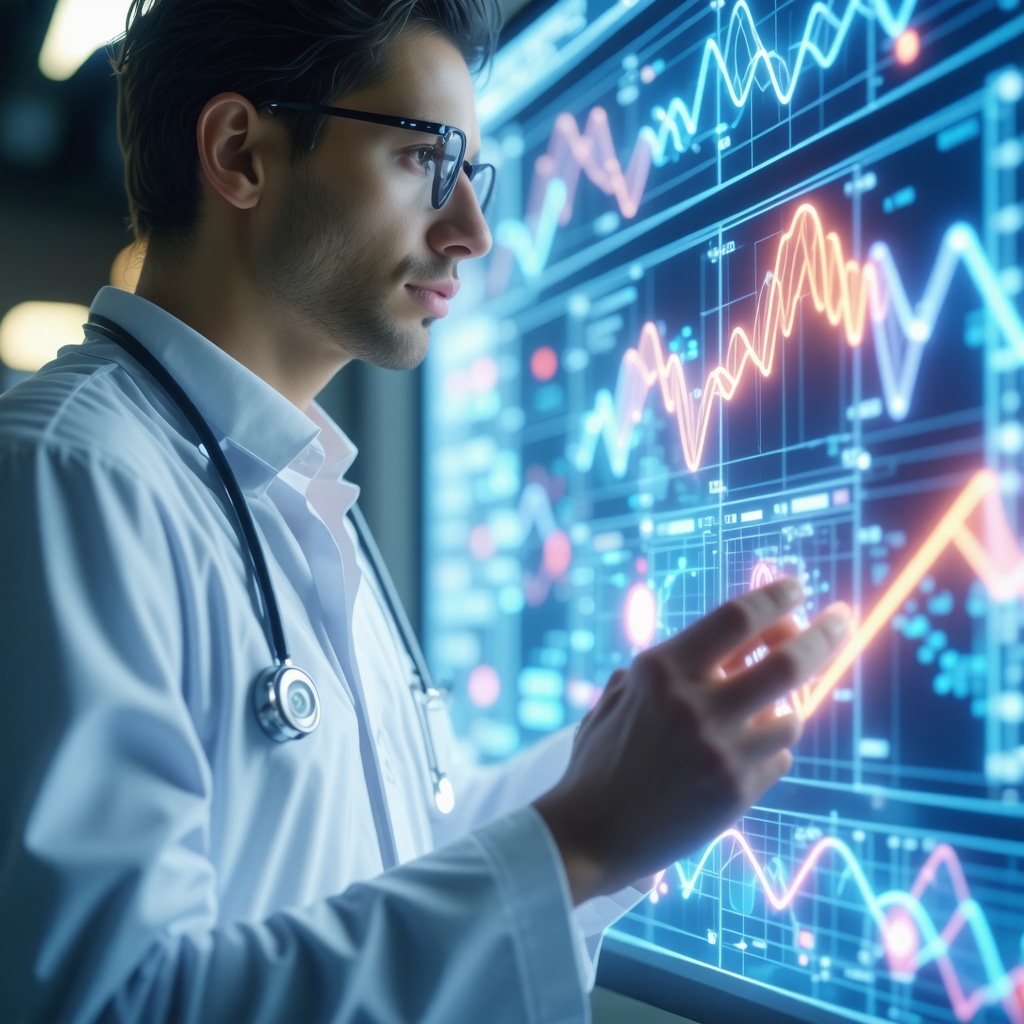Healthcare professional examining genetic and metabolic data on a digital screen.
