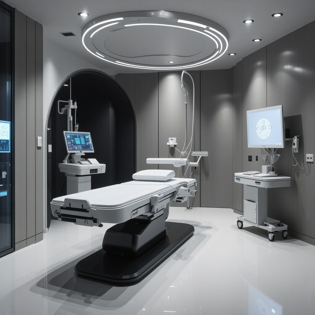 Futuristic healthcare facility with AI technology and personalized treatment plans