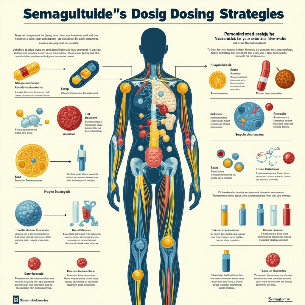 Infographic showing personalized semaglutide dosing, neuroendocrine pathways, and lifestyle integration for weight loss