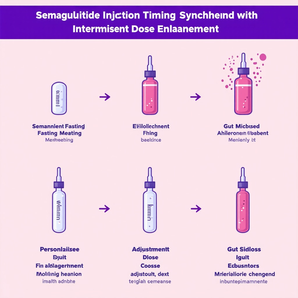 Infographic showing timing of semaglutide injections with fasting periods, gut microbiota modulation, and digital health monitoring for personalized weight loss