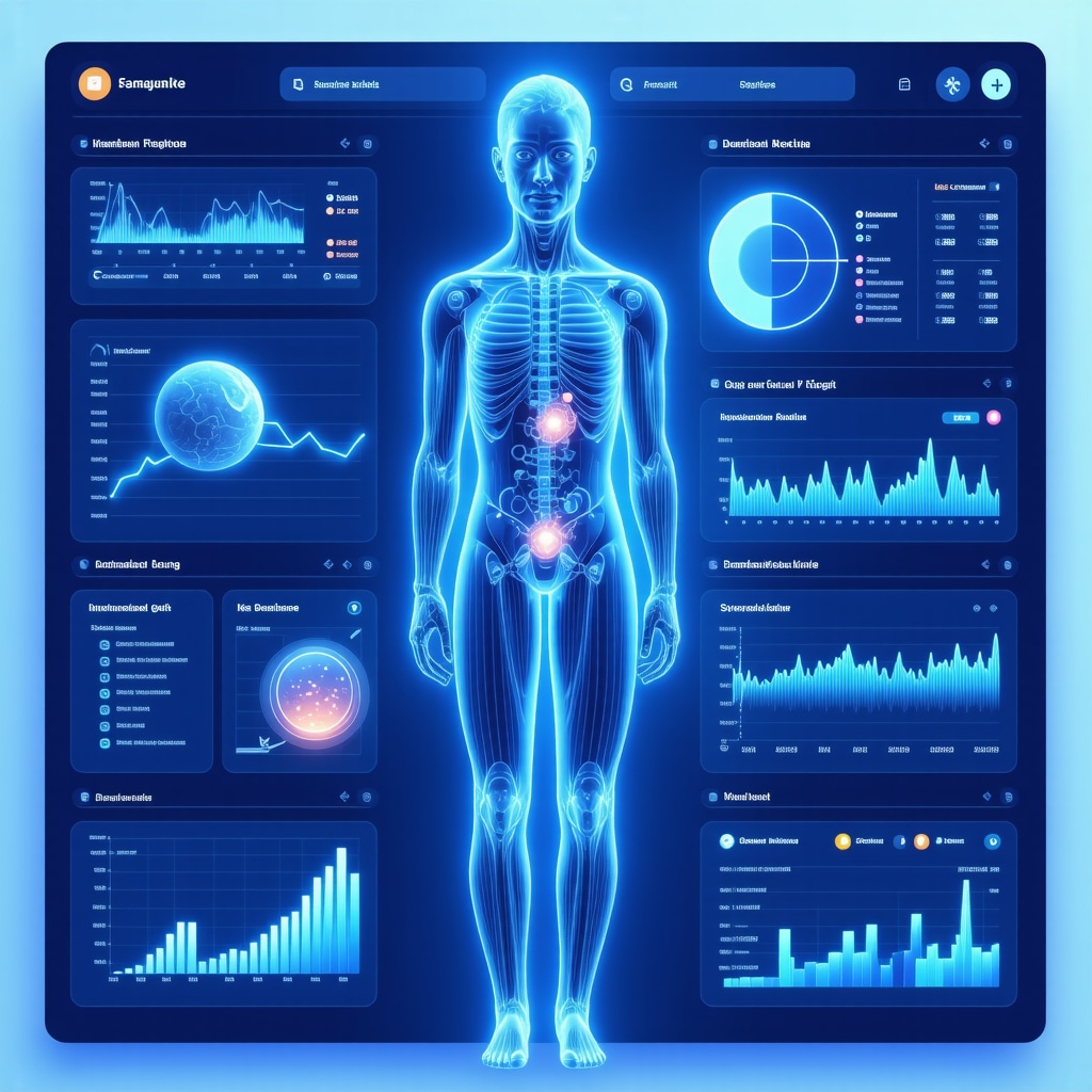 Digital health dashboard showing biomarkers, wearables data, and microbiome analysis for tailored weight loss