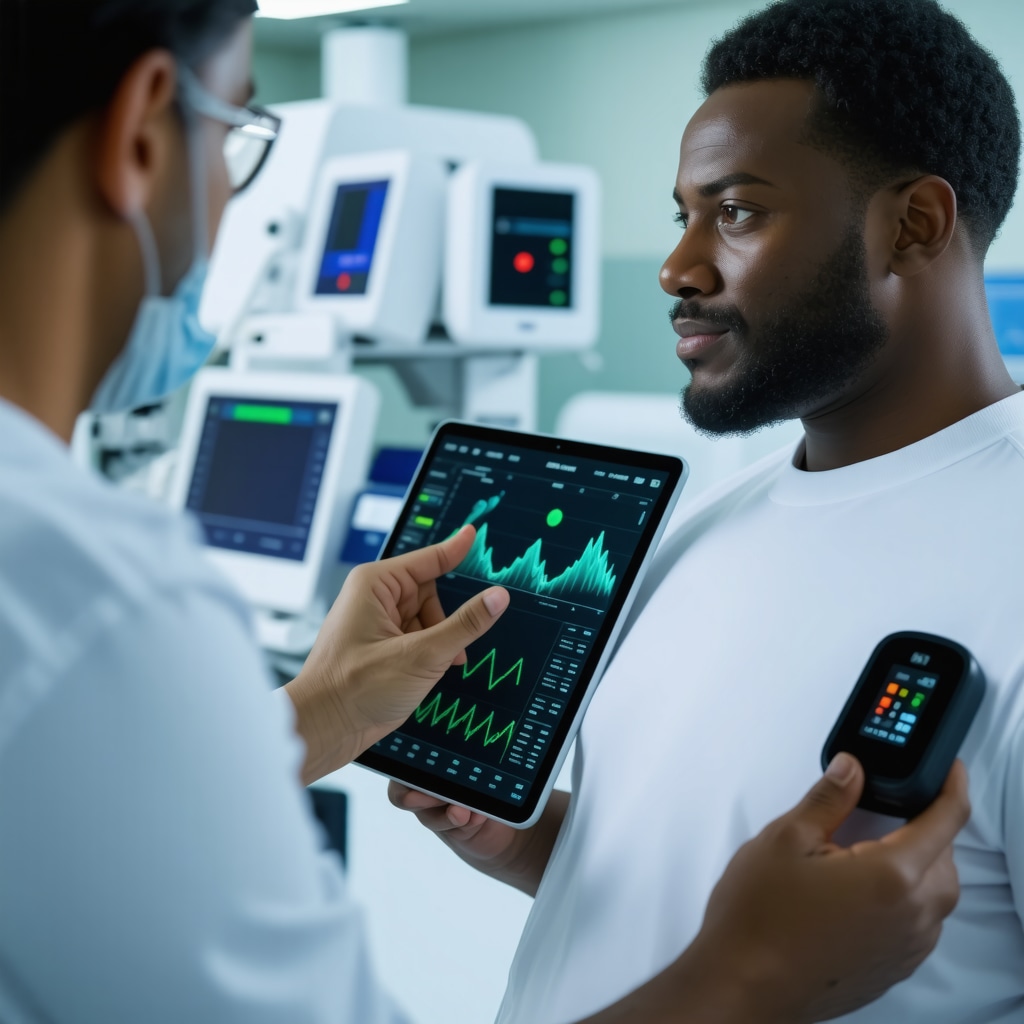 Healthcare professional reviewing digital health metrics on tablet with patient wearing wearable glucose monitor to personalize semaglutide dosing