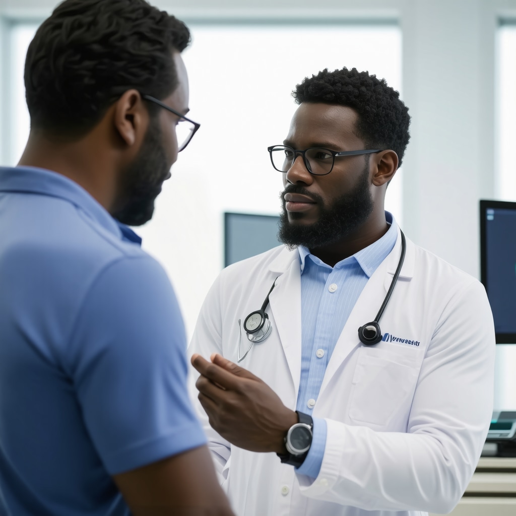 Doctor reviewing wearable device data and mobile app analytics for personalized weight management.