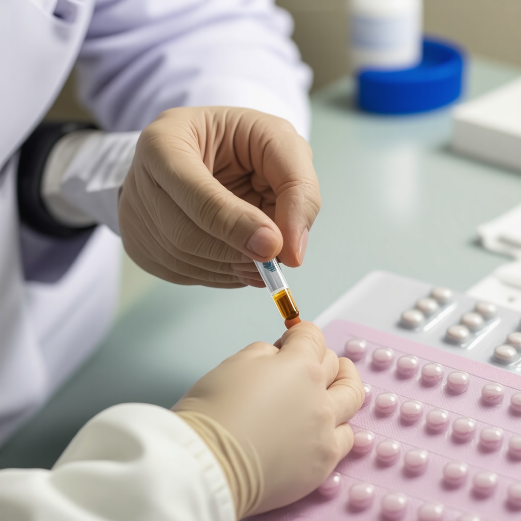 Doctor carefully adjusting Semaglutide dosage for patient in a clinical environment, emphasizing safety and precision