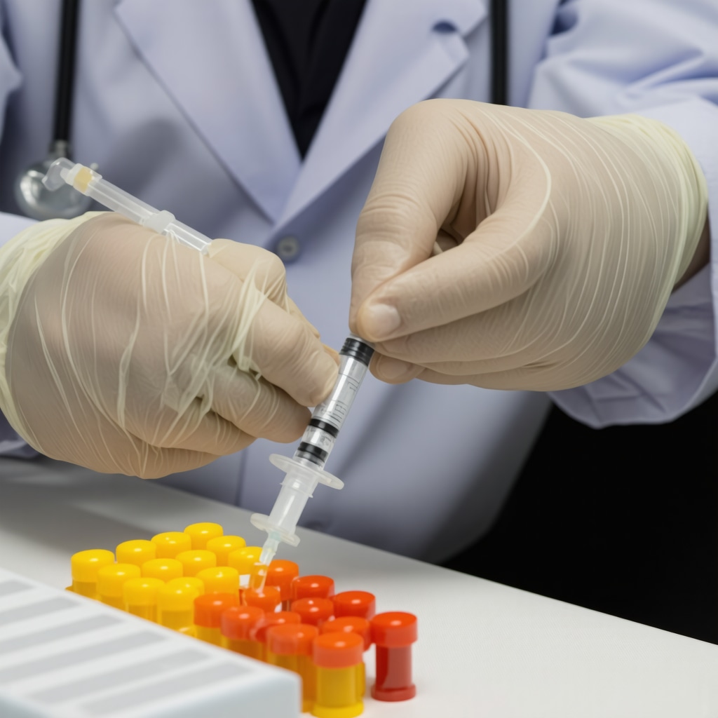 Healthcare professional giving semaglutide injection during fasting with digital health monitoring