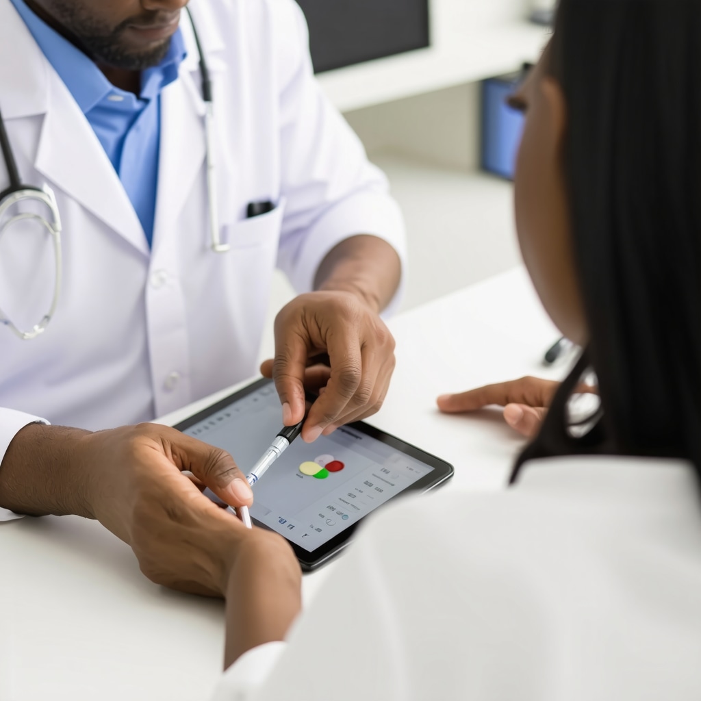 Clinician adjusting semaglutide dosage on tablet while engaging patient in consultation
