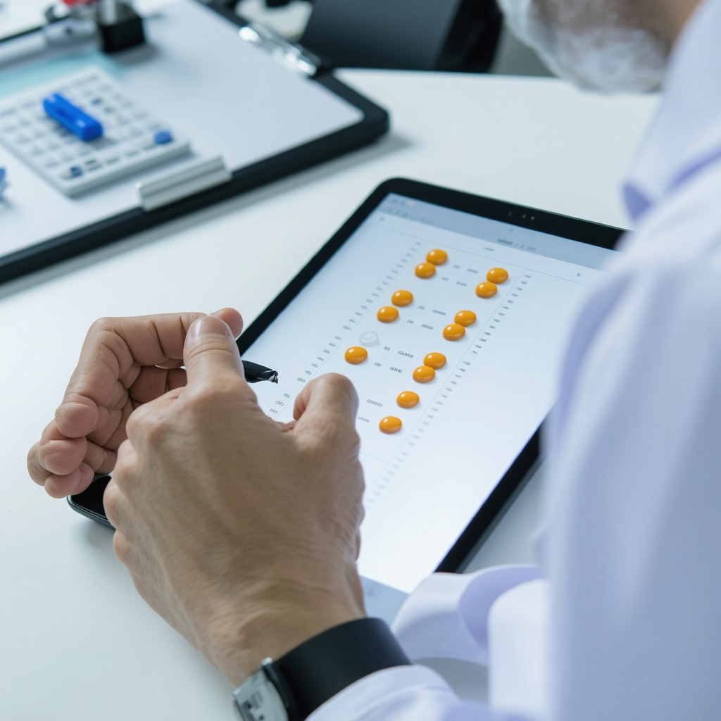 Medical professional studying pharmacokinetic charts on tablet for dosing adjustments