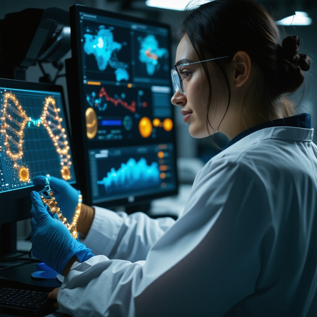 Futuristic medical laboratory analyzing genetics and microbiome for personalized weight loss