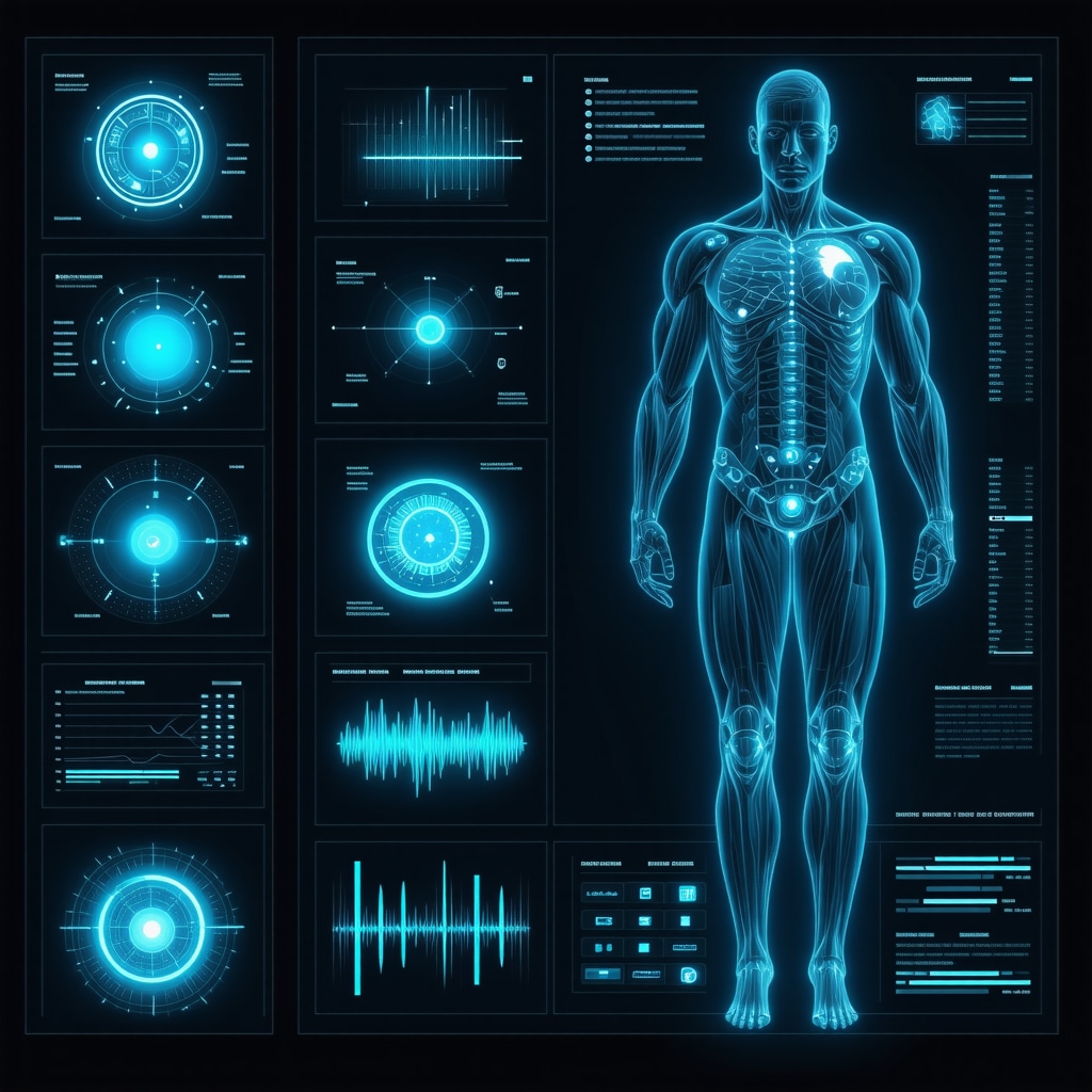 High-tech medical interface displaying genetic, AI, and personalized data for weight management