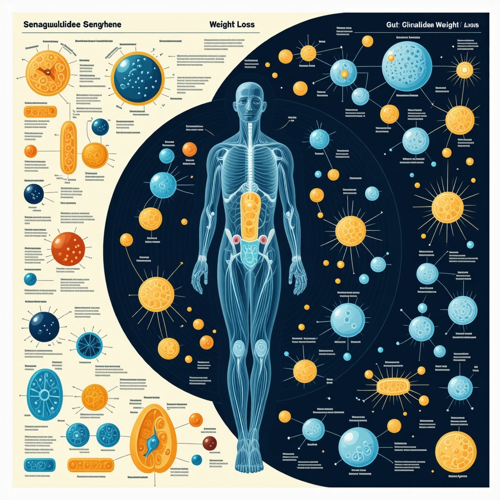Infographic showing genetics, gut microbiome, and circadian rhythm integration in semaglutide weight loss