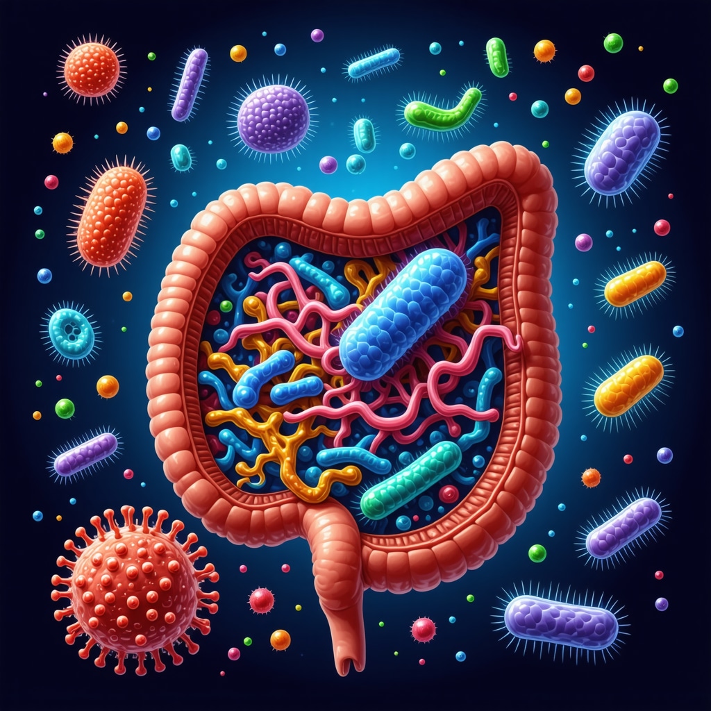 Colorful illustration of gut bacteria and healthy foods emphasizing microbiome's role in weight management
