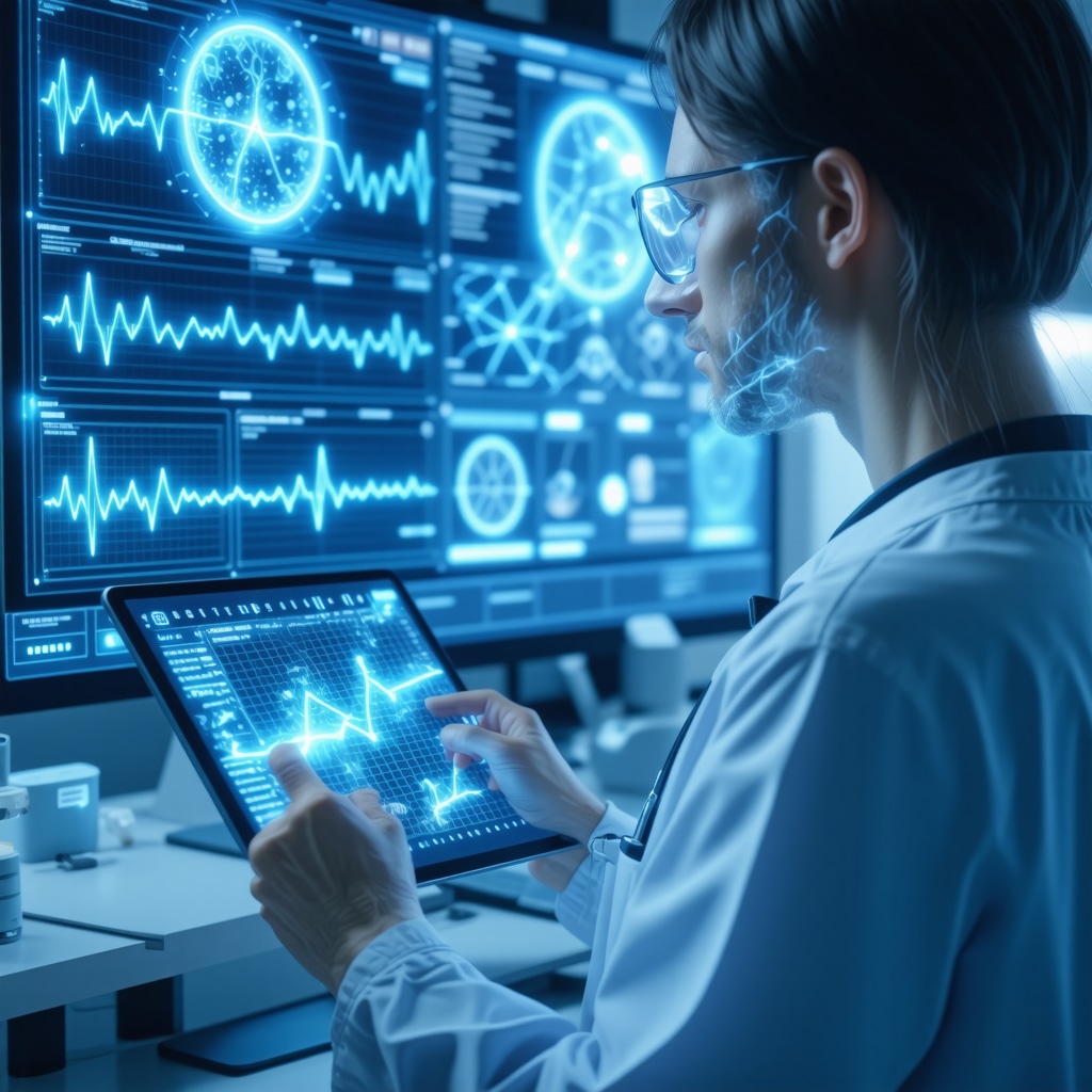 Medical professional reviewing genetic and circadian rhythm data with semaglutide injection schedules on digital displays