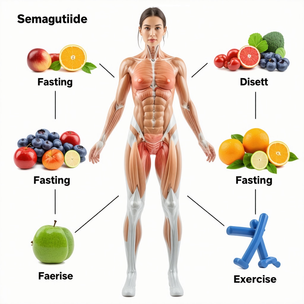 Illustration of combined weight loss methods including medication, diet, fasting, and exercise