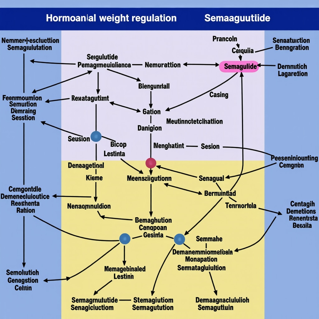 Diagram showing hormonal pathways like GLP-1, ghrelin, leptin, and PYY involved in weight management and how semaglutide interacts within this system.
