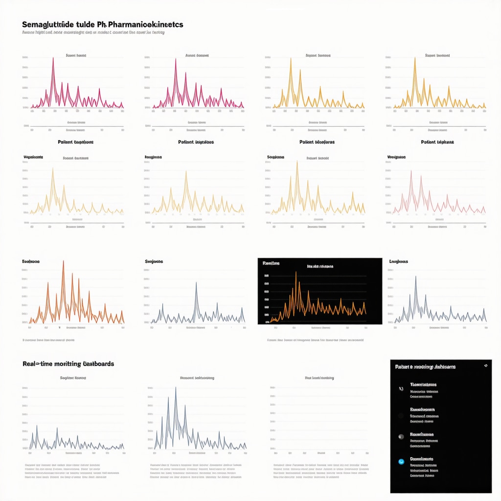 Graphical representation of semaglutide drug levels, patient weight loss over time, and digital health monitoring tools