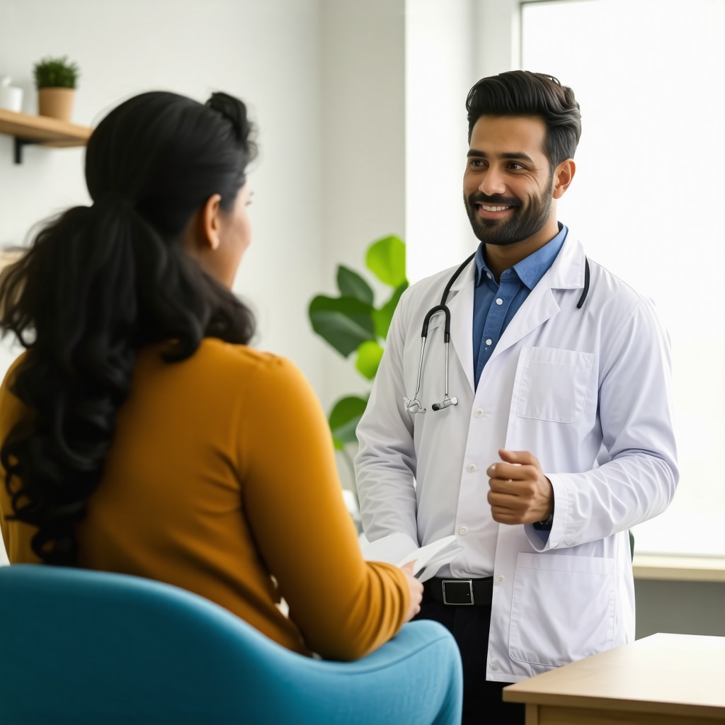 Healthcare professional discussing weight loss plan with patient in modern clinic.