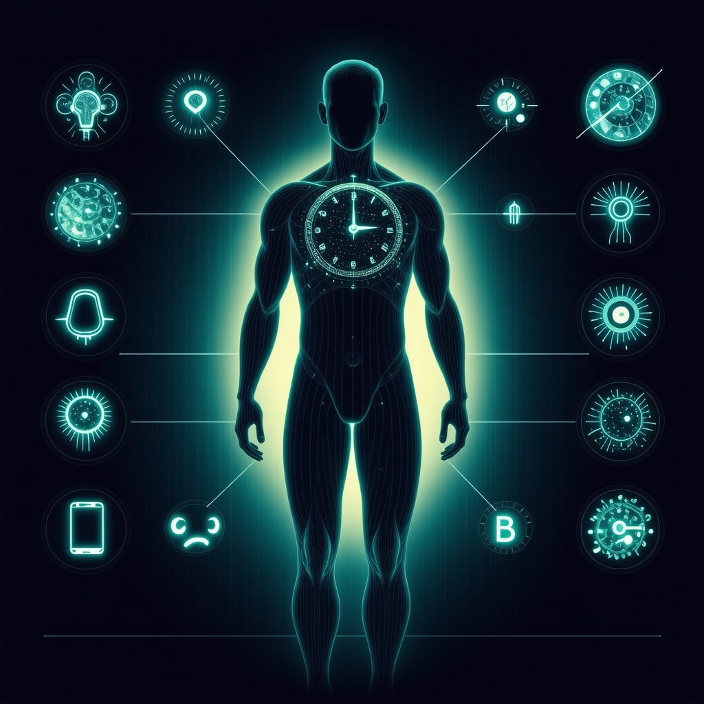 Human silhouette showing circadian rhythms, gut microbiota, and digital health devices for semaglutide optimization