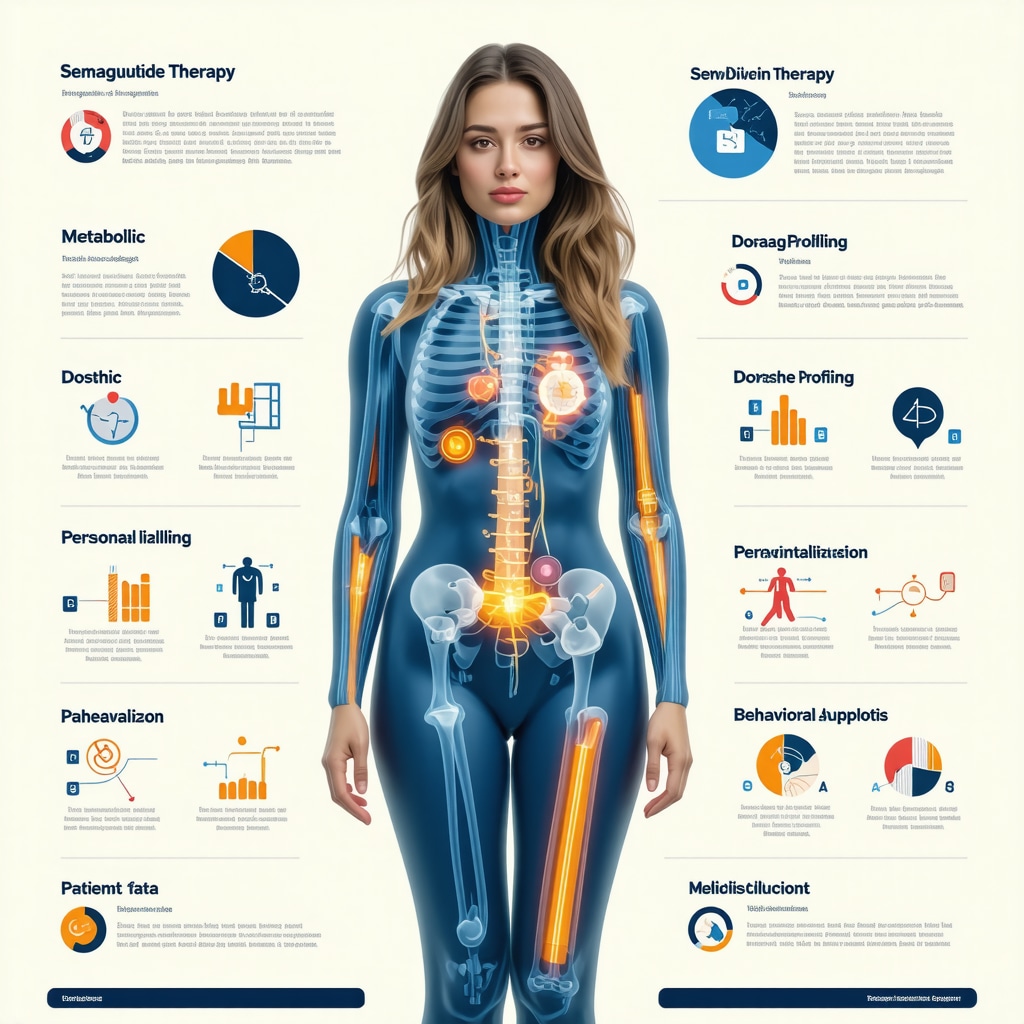 Infographic showing AI-enhanced Semaglutide treatment, metabolic profiling, and behavioral therapy integration for weight loss