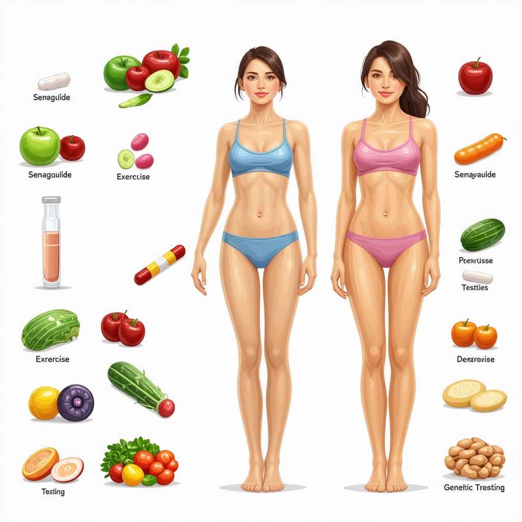 Diagram of personalized weight loss plan combining medication, diet, exercise, and genetic testing