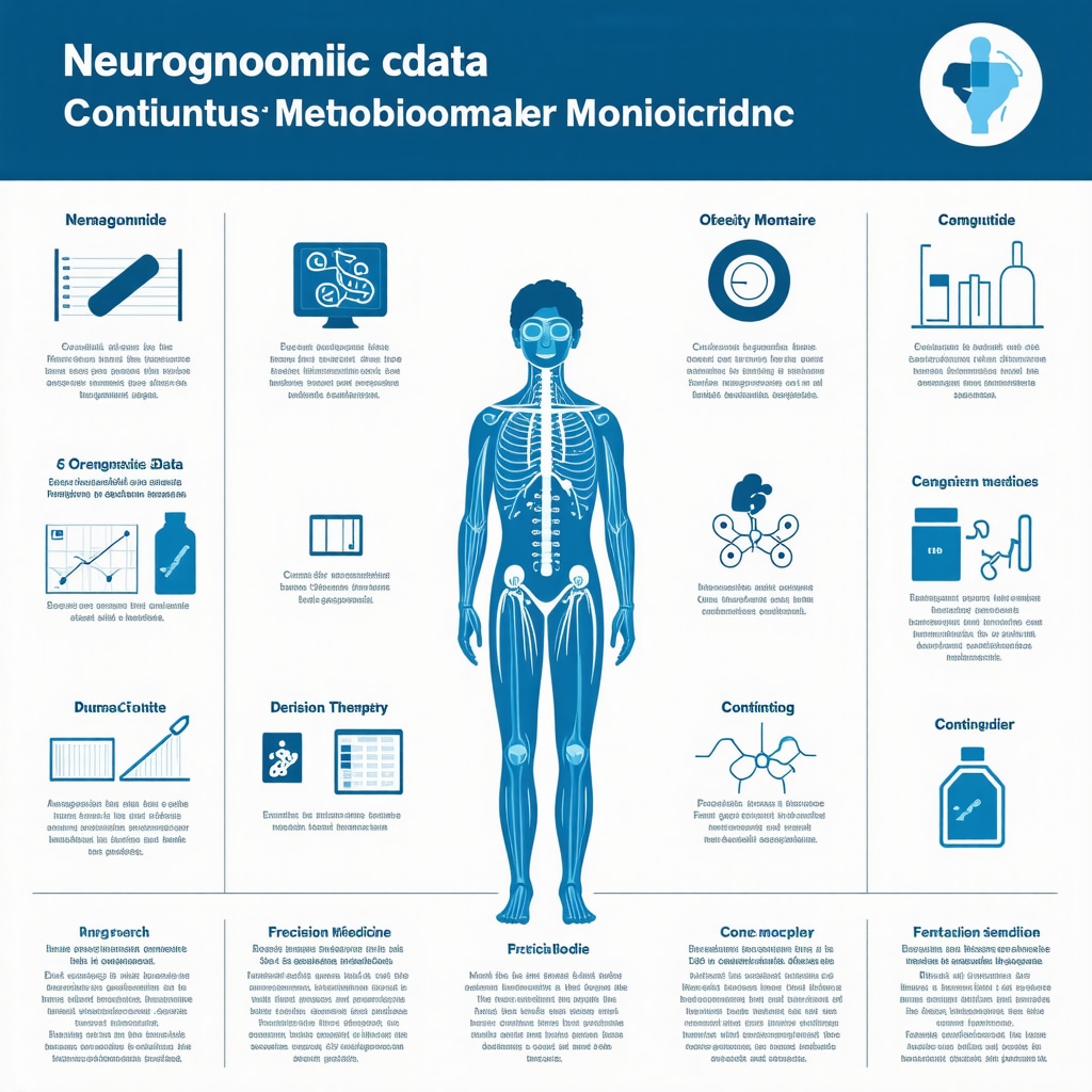 Infographic illustrating precision medicine approach combining neurogenomics and biomarker monitoring to optimize semaglutide therapy for fat loss
